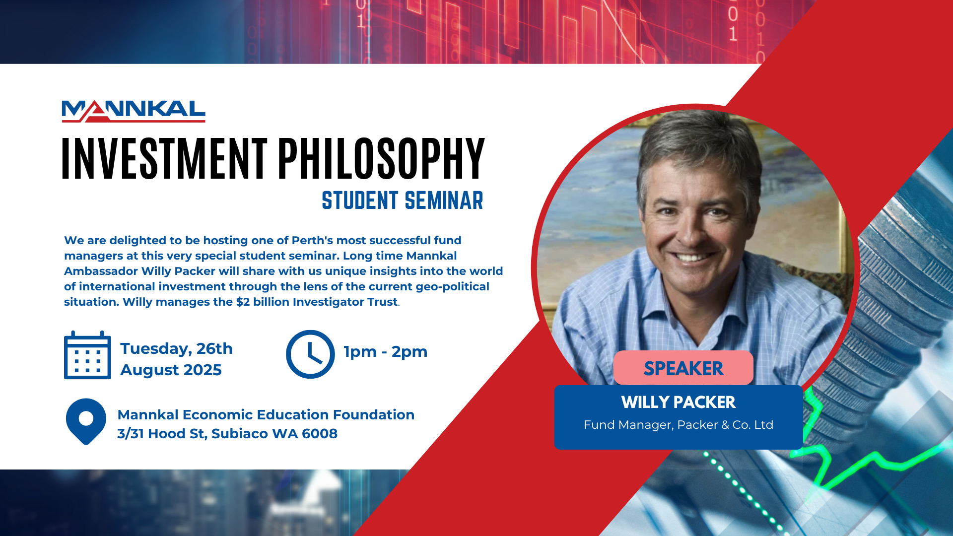 Professional man in light blue shirt smiling at camera, portrait photo for investment seminar poster