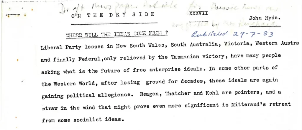 Typewritten political document page titled 'On the Dry Side' with handwritten annotations and date.