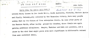 Typewritten political document page titled 'On the Dry Side' with handwritten annotations and date.