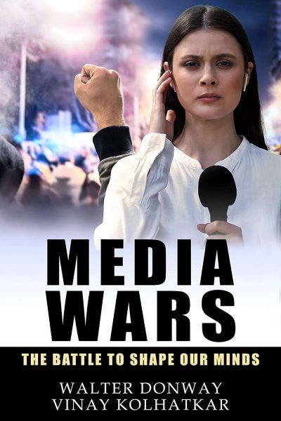 Woman journalist holding microphone with raised fist on 'Media Wars' book cover